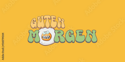 Guten morgen Good Morning in German quote with cute egg character and groovy retro text isolated on pink background. Vector Guten morgen funny slogan and morning cute fried egg. Banner, poster