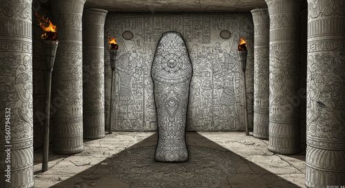 Ancient Egyptian Sarcophagus in Tomb Chamber Intricate Carvings and Mysterious Symbols