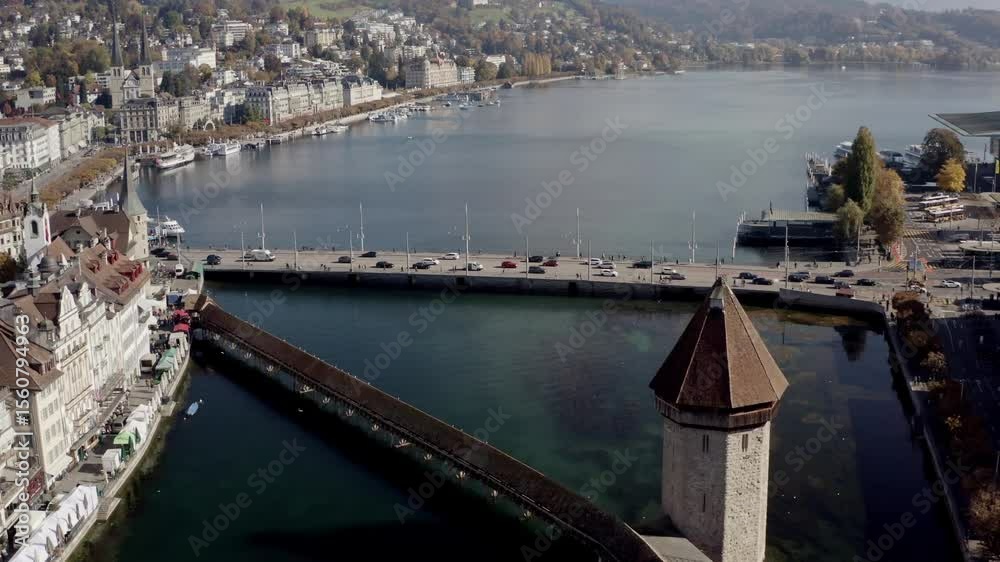 Aerial view of Chapel Bridge and Wasserturm, Switzerland.