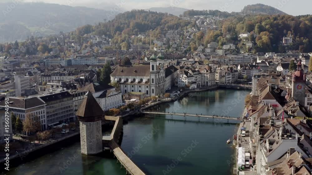 Aerial view of Chapel Bridge and Reuss River, Switzerland.