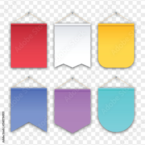 Colorful textile pennant flags on transparent background, ideal for festive decorations, party banners, event design, or celebration themes