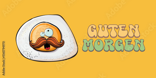 Guten morgen Good Morning in German quote with cute egg character and groovy retro text isolated on pink background. Vector Guten morgen funny slogan and morning cute fried egg. Banner, poster
