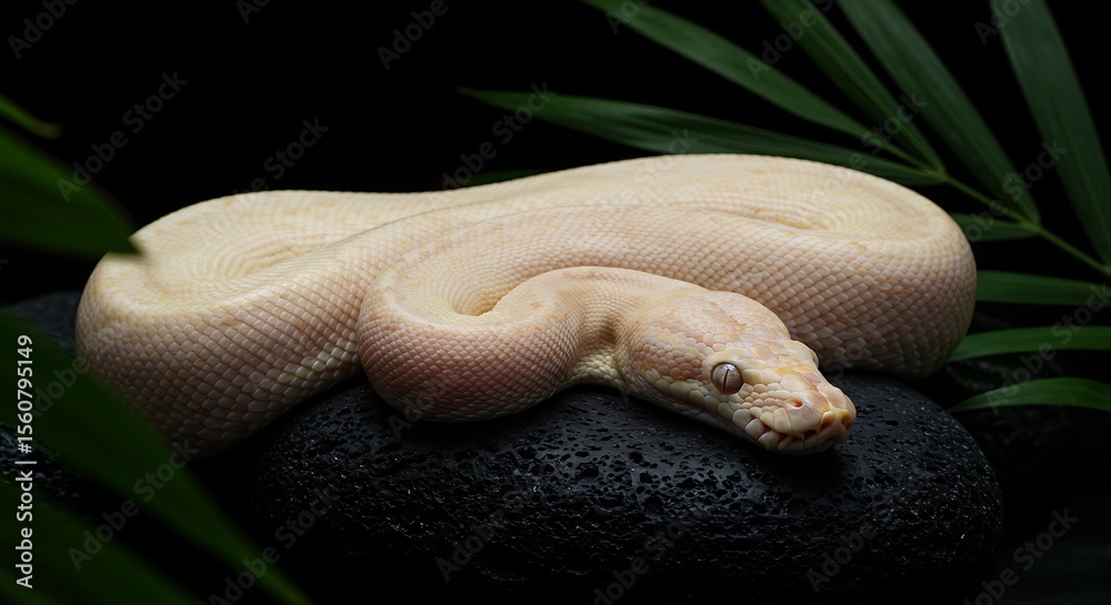 Fototapeta premium Serene Albino Ball Python A Close-Up Image of a Pastel Snake Resting on Rocks