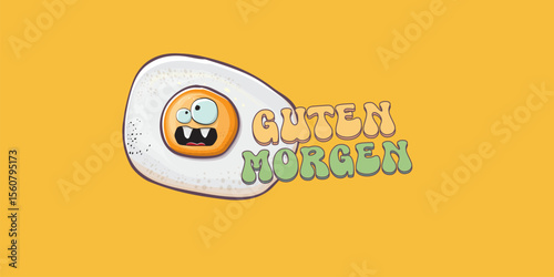 Guten morgen Good Morning in German quote with cute egg character and groovy retro text isolated on pink background. Vector Guten morgen funny slogan and morning cute fried egg. Banner, poster