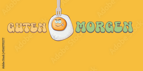 Guten morgen Good Morning in German quote with cute egg character and groovy retro text isolated on pink background. Vector Guten morgen funny slogan and morning cute fried egg. Banner, poster