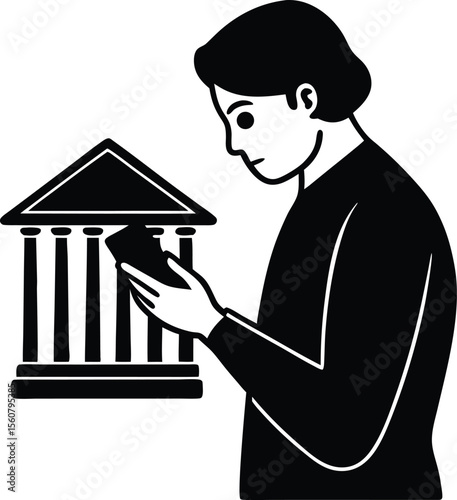 Digital connection: An individual, consumed by the allure of their device, stands before an abstract representation of a building.