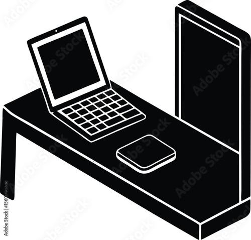 Minimalist Office Setup: A sleek, monochrome illustration of a modern workspace featuring a laptop, a large monitor and a pad, creating a clean and efficient environment.