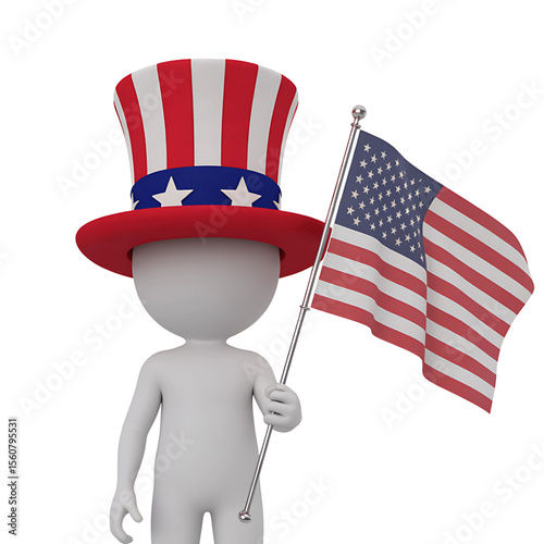 Patriotic person graphic holding an American flag and wearing a patriotic hat suitable for use in political campaigns.