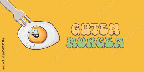 Guten morgen Good Morning in German quote with cute egg character and groovy retro text isolated on pink background. Vector Guten morgen funny slogan and morning cute fried egg. Banner, poster