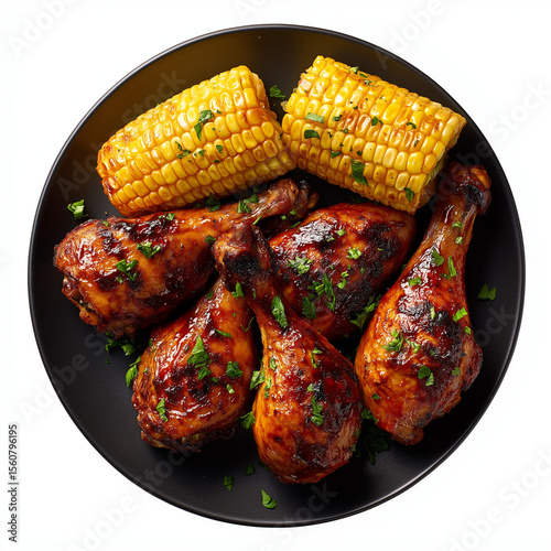 bbq chicken drumsticks and corn on black plate, top view on white background

