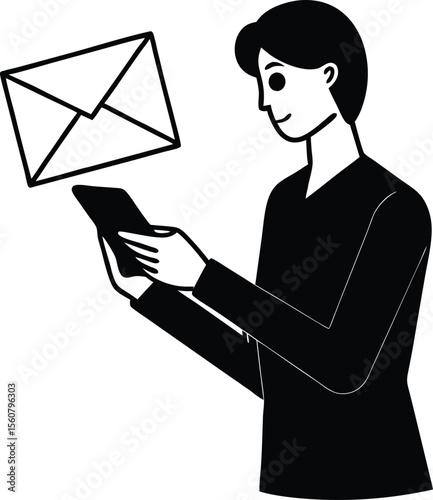 Email Connectivity: A minimalistic illustration showcasing a person engrossed in their smart device, with an envelope-shaped email hovering in the air.