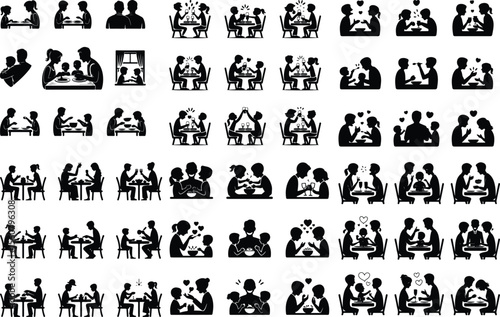 Family Dinner Vector Icons – Togetherness & Dining Silhouettes Family Eating Together Silhouette Set – Warm Meal Time Icons Pack
