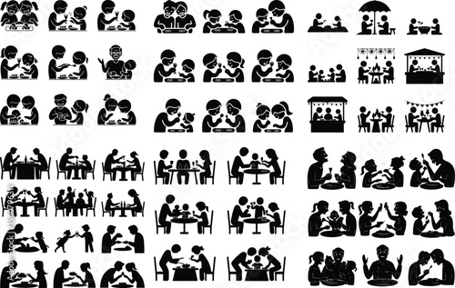 Family Dinner Vector Icons – Togetherness & Dining Silhouettes Family Eating Together Silhouette Set – Warm Meal Time Icons Pack