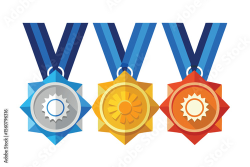 Three geometric medals in silver gold and bronze hanging on blue ribbons