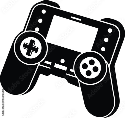 Digital Gaming Device: A stylized illustration of a handheld gaming console, rendered in bold black and white, exuding a sense of fun and digital adventure.