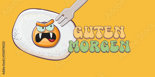 Guten morgen Good Morning in German quote with cute egg character and groovy retro text isolated on pink background. Vector Guten morgen funny slogan and morning cute fried egg. Banner, poster