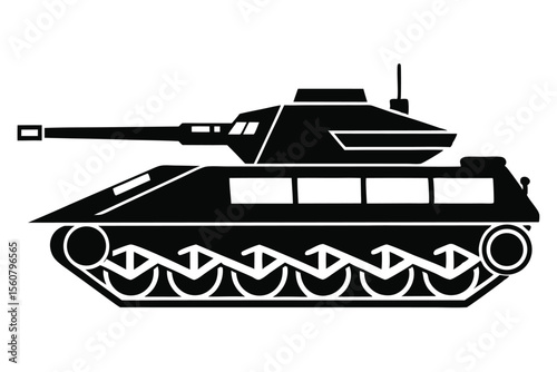 Black silhouette of a military tank with gun turret and tracks, in profile