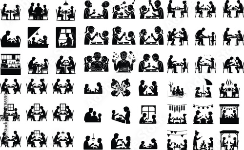 Family Dinner Vector Icons – Togetherness & Dining Silhouettes Family Eating Together Silhouette Set – Warm Meal Time Icons Pack