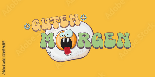 Guten morgen Good Morning in German quote with cute egg character and groovy retro text isolated on pink background. Vector Guten morgen funny slogan and morning cute fried egg. Banner, poster