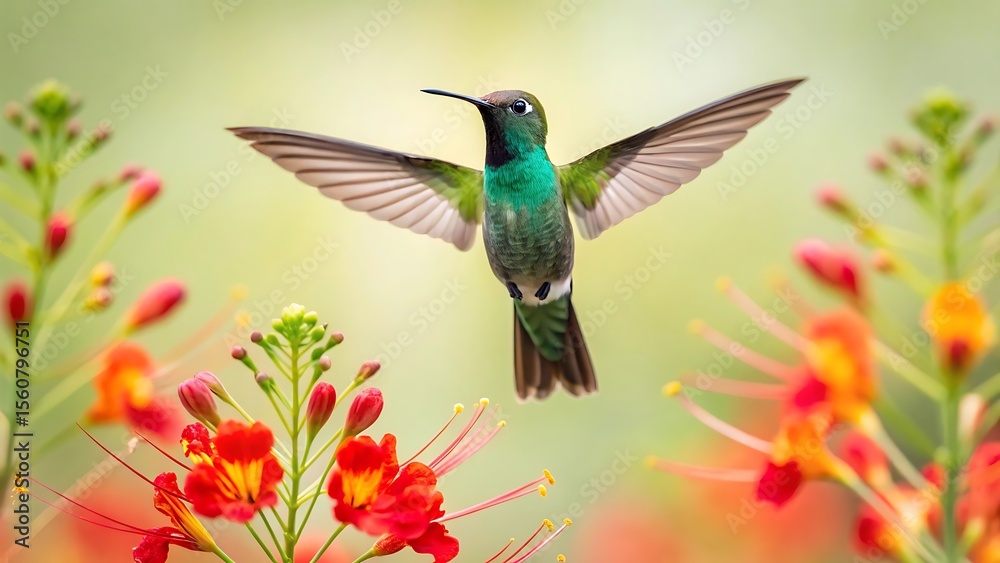 Fototapeta premium Hummingbird in Flight Graceful Wings and Vibrant Flowers