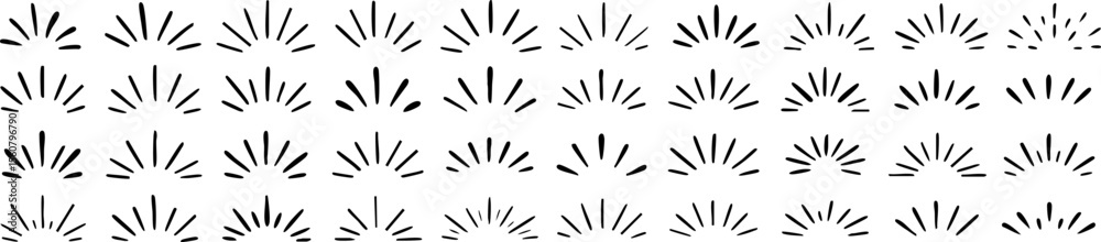 Set of hand drawn sunburst and radial highlight elements in black on transparent background. Ideal for logo design, labels, badges, or decorative graphic accents. Vector EPS 10