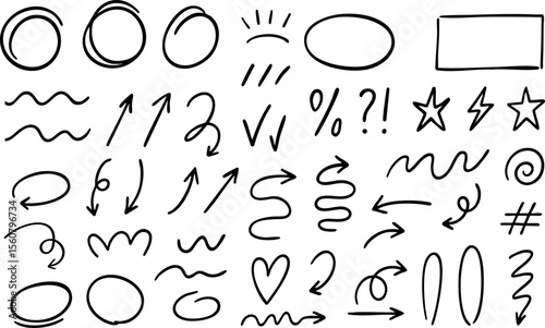 Marker lines isolated on transparent background. Set of different doodle, underline, arrows. Hand drawn marker stripes. Scrawl texture underline effect. Vector EPS 10