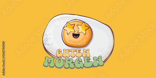 Guten morgen Good Morning in German quote with cute egg character and groovy retro text isolated on pink background. Vector Guten morgen funny slogan and morning cute fried egg. Banner, poster