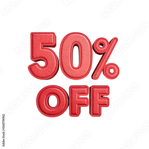A bold promotion graphic features a fifty percent off discount in a dimensional red typeface against a stark dark backdrop.