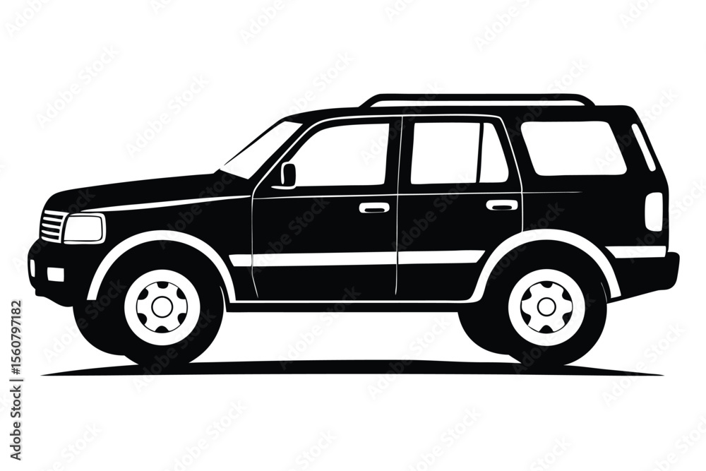 Silhouette of Black SUV with Roof Rack and Distinctive Headlights Design Silhouette of Black SUV with Roof Rack and Distinctive Headlights Design