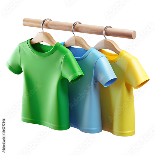 Colorful t-shirts hanging on a rack, a graphic suitable for apparel branding or fashion design elements, ideal for online shops.