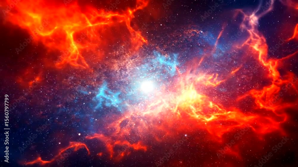 Fiery nebula abstract vibrant red, blue, orange energy swirls around bright central point Stunning cosmic scene