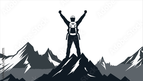 Silhouette of a person on a mountain peak, symbolizing freedom and the joy of victory