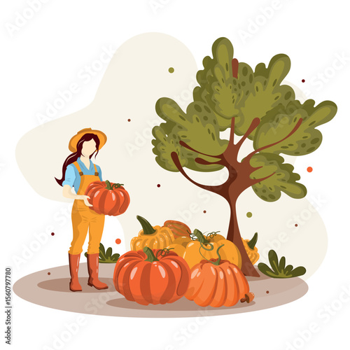 Hello autumn, postcard for design. Warm illustration, girl with a pumpkin, autumn, colorful leaves.