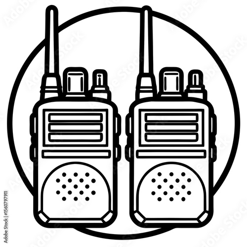Two walkie talkies, line art illustration, black and white, for communication- with copy space