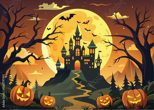 halloween background with pumpkin and bats