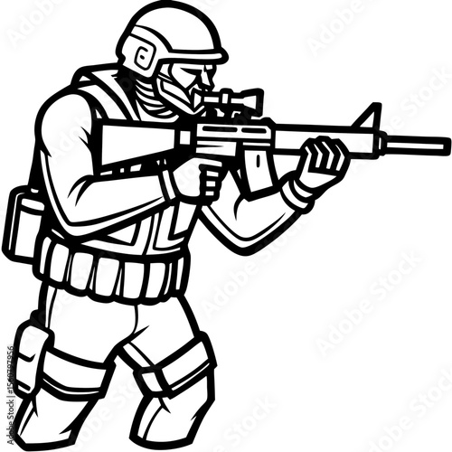 Soldier aiming rifle, black and white illustration, for military publications