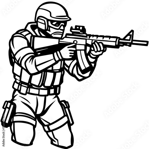 Soldier aiming rifle, black and white illustration, for military websites