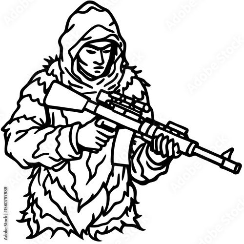 Soldier in ghillie suit aiming rifle, for military publications