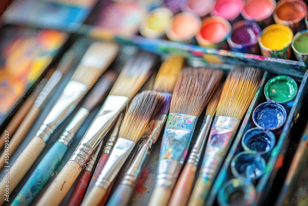 Fototapeta premium Close-up view of assorted paintbrushes and watercolor paints in a box