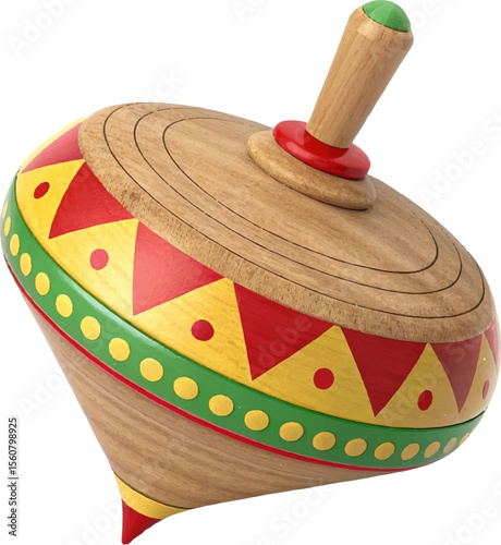 Image is a digital illustration of a colorful spinning top. The top is depicted in a three-dimensional style, showcasing a wooden texture with a smooth, rounded body. It features a vibrant design with