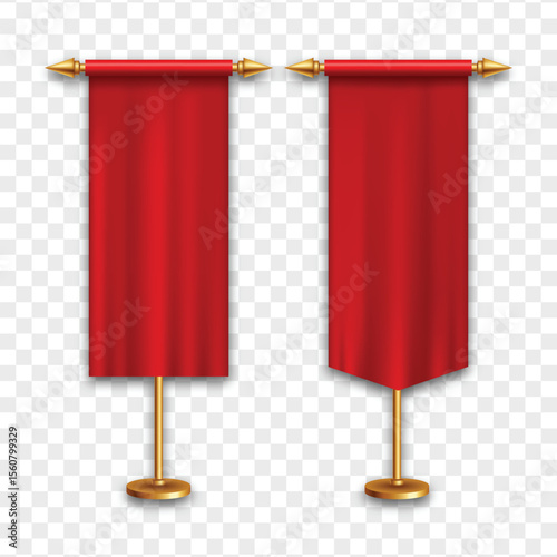 Red long pennant flags in various shapes with golden poles, isolated on transparent background. Ideal for events, celebrations, labels, and festive design