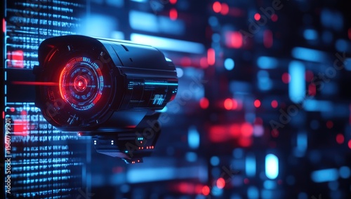 Futuristic surveillance device against a backdrop of digital code