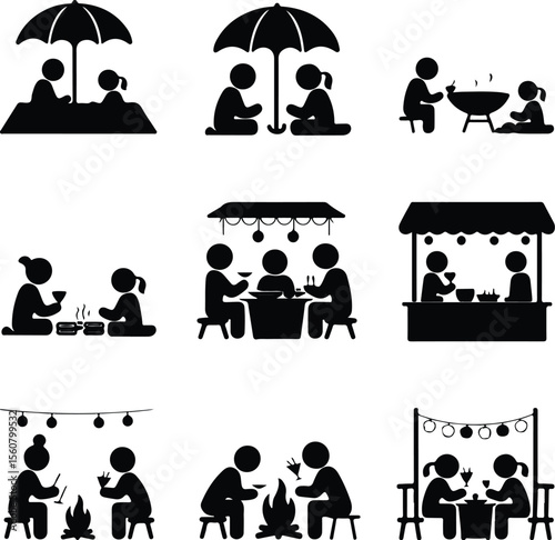 Family Dinner Vector Icons – Togetherness & Dining Silhouettes Family Eating Together Silhouette Set – Warm Meal Time Icons Pack
