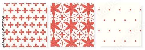 Modern folk seamless pattern set with red flowers, circles, dots. Hand-drawn textured vector on cream. Ideal for tile, wallpaper, fabric, wrapping paper, home decor, digital and print projects.