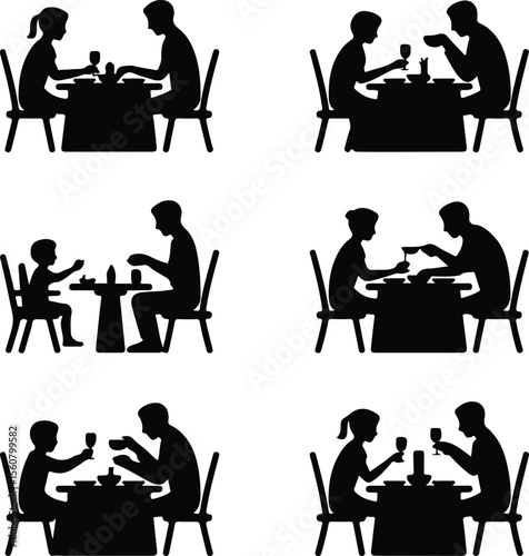 Family Dinner Vector Icons – Togetherness & Dining Silhouettes Family Eating Together Silhouette Set – Warm Meal Time Icons Pack