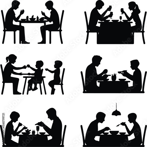 Family Dinner Vector Icons – Togetherness & Dining Silhouettes Family Eating Together Silhouette Set – Warm Meal Time Icons Pack