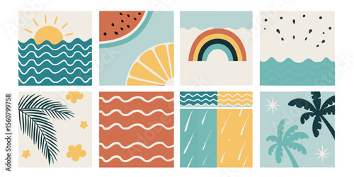 Summer Themed Vector Illustrations with Sun Waves Rainbow Fruit and Palm Trees