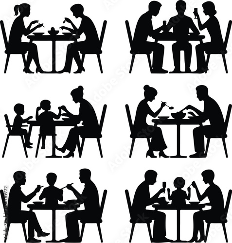 Family Dinner Vector Icons – Togetherness & Dining Silhouettes Family Eating Together Silhouette Set – Warm Meal Time Icons Pack