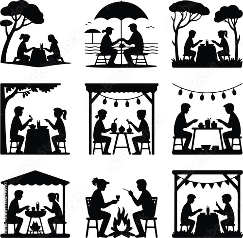 Family Dinner Vector Icons – Togetherness & Dining Silhouettes Family Eating Together Silhouette Set – Warm Meal Time Icons Pack