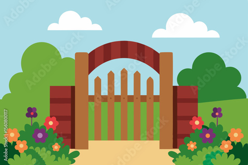 Wornout Path to Old Gate Watercolor Vector Illustration 